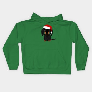 Longhaired Black and Tan Dachshund with Santa Hat Cute Christmas Dog Kids Hoodie